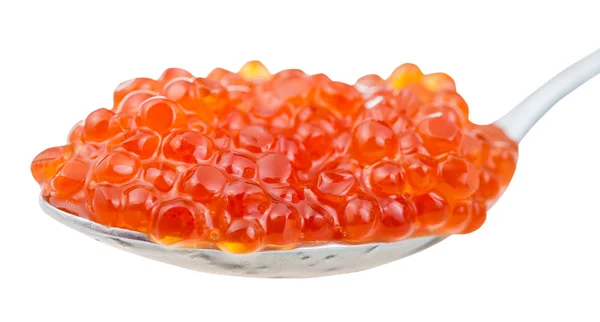 Salzige Sockeye Lachs roten Kaviar auf Löffel in Großaufnahme — Stockfoto