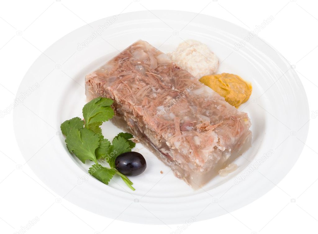 piece of beef jelly with seasonings on white plate