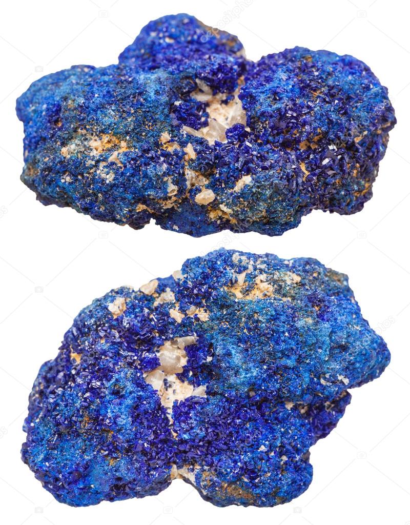 two azurite mineral gem stones isolated