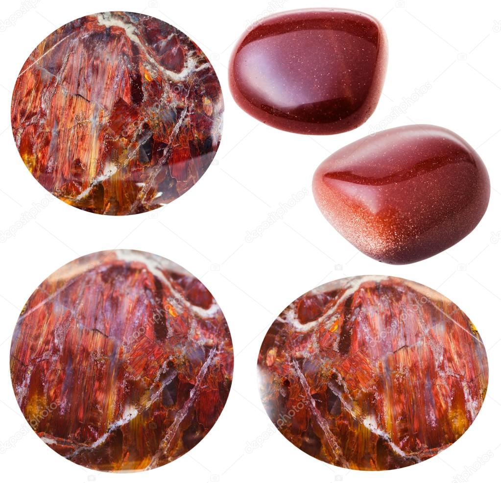 various red sunstone cabochons and goldstones