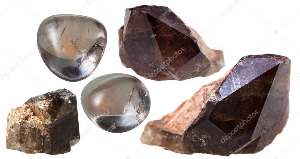 morion (smoky quartz) crystals and gem stones
