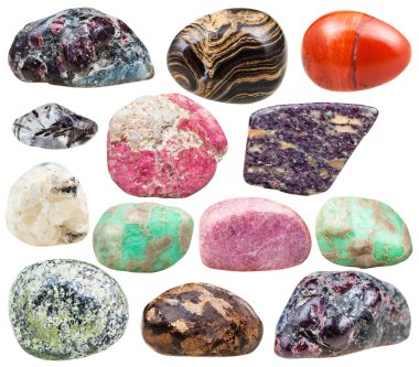set of natural mineral tumbled gemstones isolated clipart