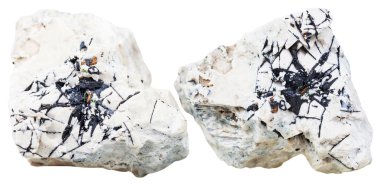 two pieces of dolomite rock with Ilmenite crystals