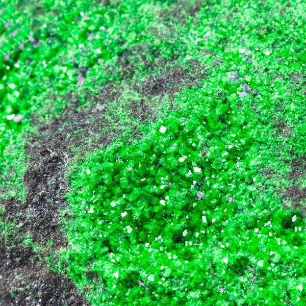 Green uvarovite crystals on rock close up — Zdjęcie stockowe