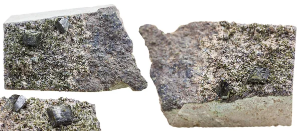 Rock pieces with green epidote crystals isolated — 스톡 사진