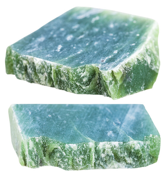 two pieces of green nephrite gemstone isolated