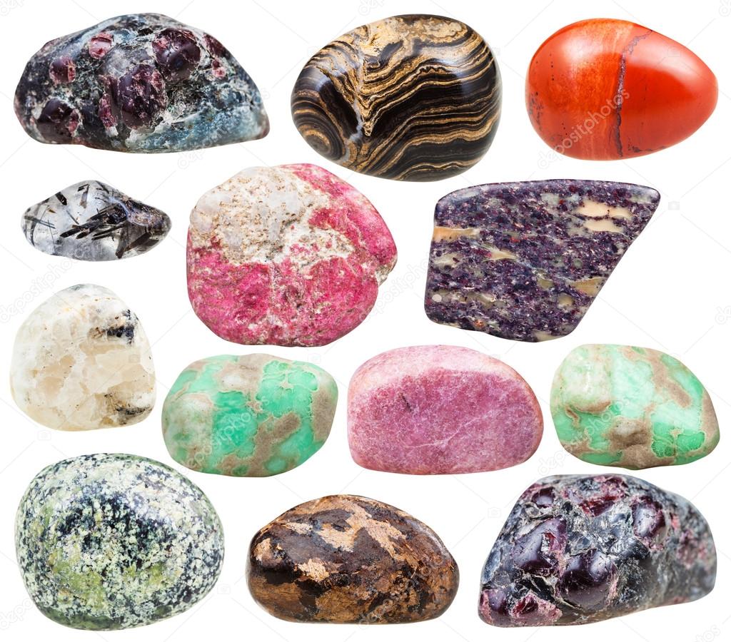 set of natural mineral tumbled gemstones isolated