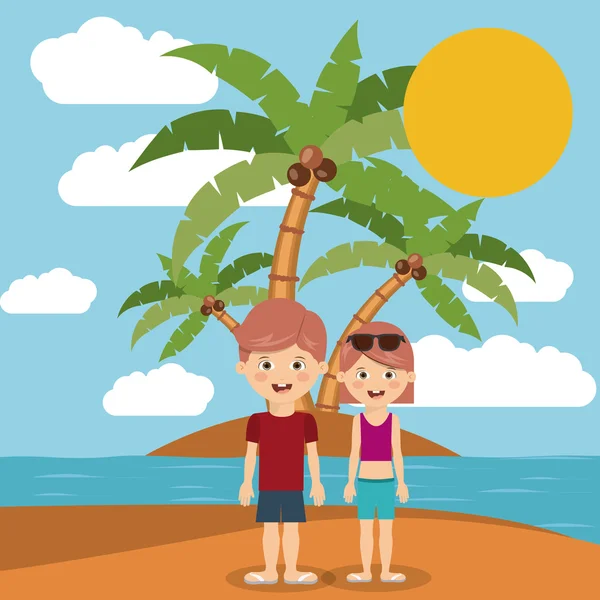 Pareja de vacaciones en playa aislado icono de diseño — Vector de stock