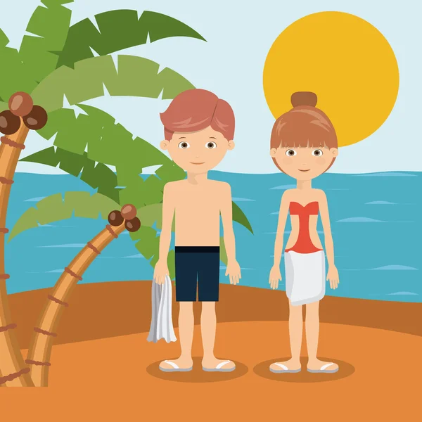 Pareja de vacaciones en playa aislado icono de diseño — Vector de stock