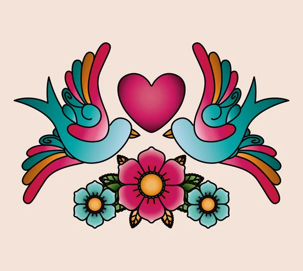 Corazón y pájaros tatuaje aislado icono de diseño — Vector de stock
