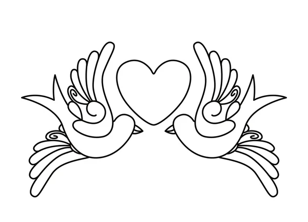 Hart en vogels tattoo geïsoleerde pictogram ontwerp — Stockvector