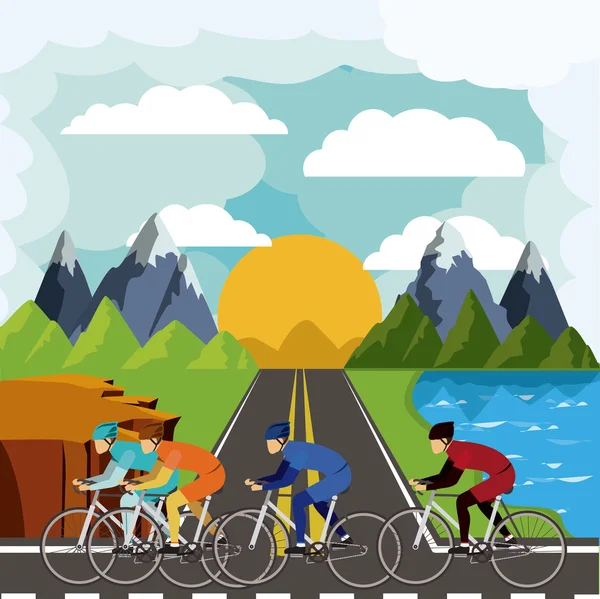 Cycling race with beautiful landscape background isolated icon d — Stock Vector