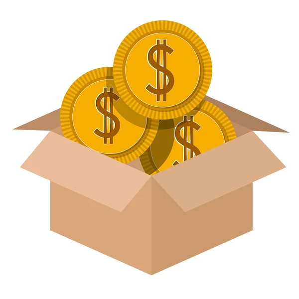 Caixa de papelão com moedas design de ícone isolado —  Vetores de Stock