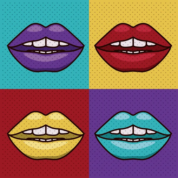 Set lips female pop art isolated icon — Stock Vector