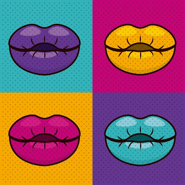 Lippen vrouwelijke popart geïsoleerde pictogram instellen — Stockvector