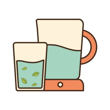 Yaprak çizgisi olan çay kavanozu ve bardak ve biçim ikonu vektör tasarımı