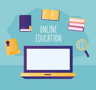 Dizüstü bilgisayar ve simge ayarlı vektör tasarımı ile çevrimiçi eğitim