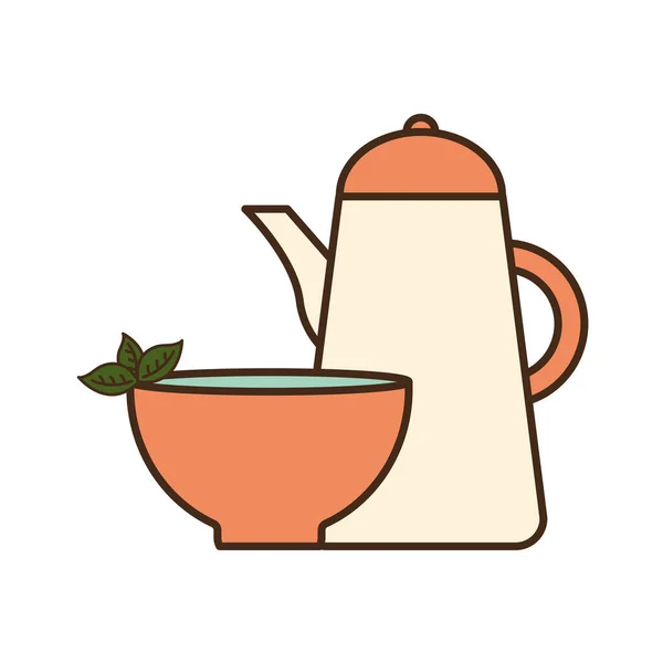 Filiżanka herbaty z liści i linii czajnik i wypełnić styl wektor projektu — Wektor stockowy