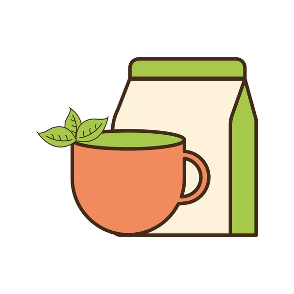 Tea cup with leaves and bag line and fill style icon vector design — Stock Vector