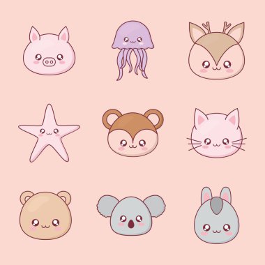 Kawaii hayvan çizgi film setinin ikon vektör tasarımı