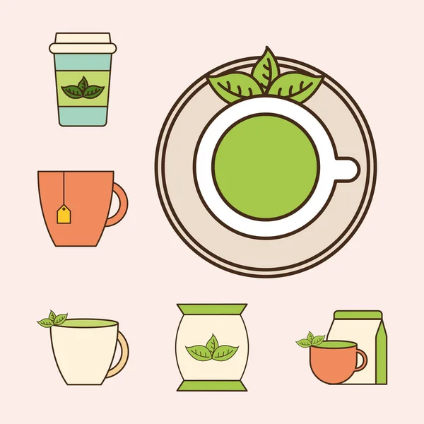 Tea line and fill style 6 icon set vector design — Stock Vector