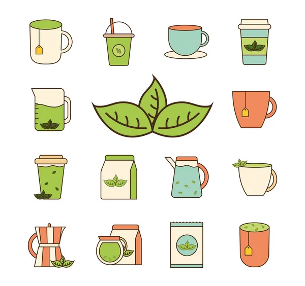 Tea line and fill style set icons vector design — Stock Vector