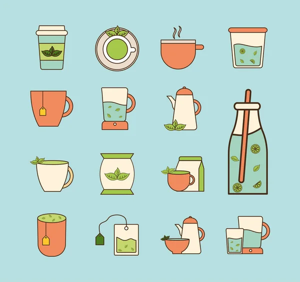 Tea line and fill style set of icons vector design — Stock Vector