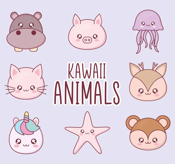 Kawaii djur tecknad symbol set vektor design — Stock vektor