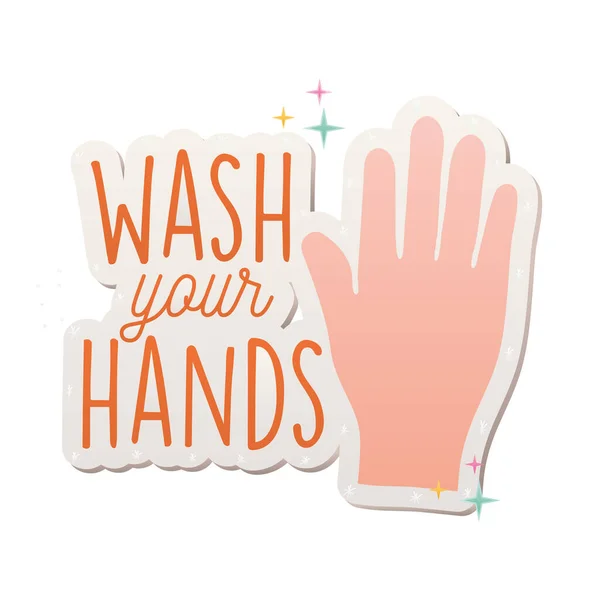 Laver vos mains covid19 autocollants pandémique avec lettrage et main — Image vectorielle