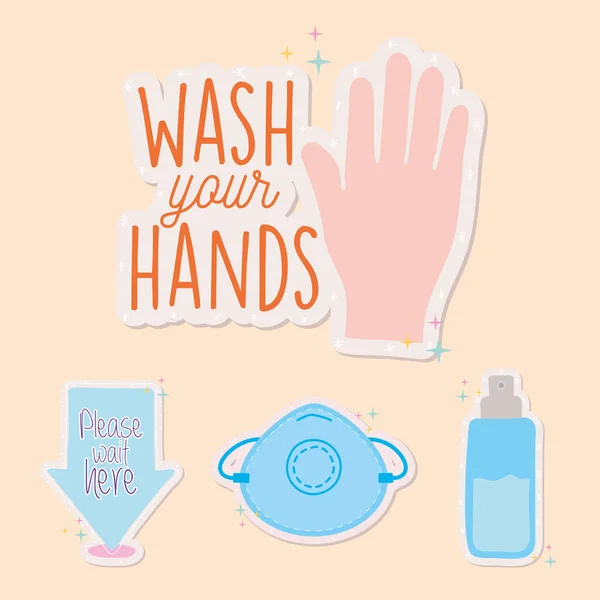 Πλύνετε τα χέρια σας covid19 πανδημικά αυτοκόλλητα με το χέρι και εικονίδια — Διανυσματικό Αρχείο