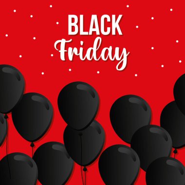 Kırmızı arka planda siyah balonlar olan Kara Cuma harfleri.