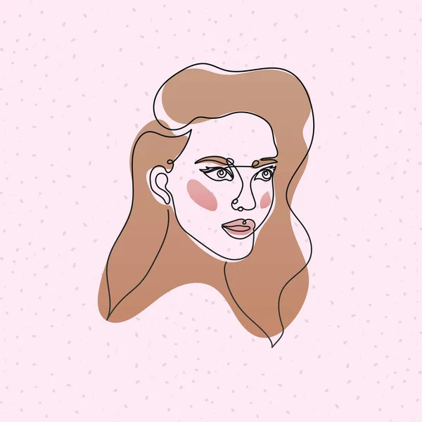 Línea mujer cara con pelo sobre fondo rosa — Vector de stock