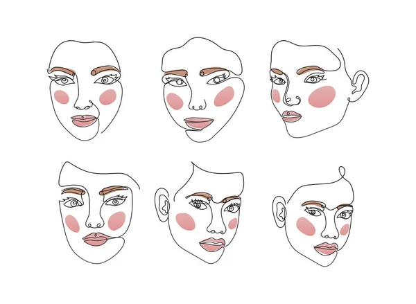 Iconos conjunto de líneas de las mujeres caras sobre un fondo blanco — Vector de stock