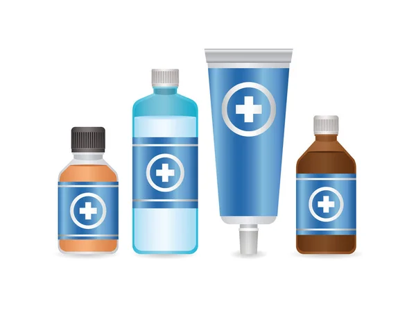 Set of first AID disinfectant bottle and flu icons on white background — Stock Vector