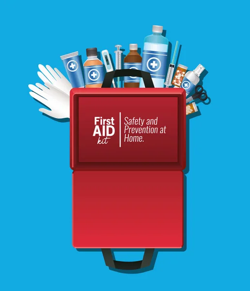 Set van eerste AID pictogrammen over één lege verpakking op blauwe achtergrond — Stockvector