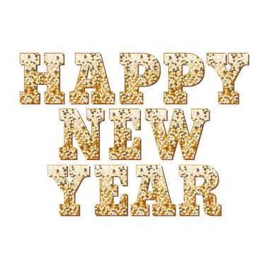 Yeni yılın kutlu olsun. Beyaz arka planda altın hasadı harfleri.