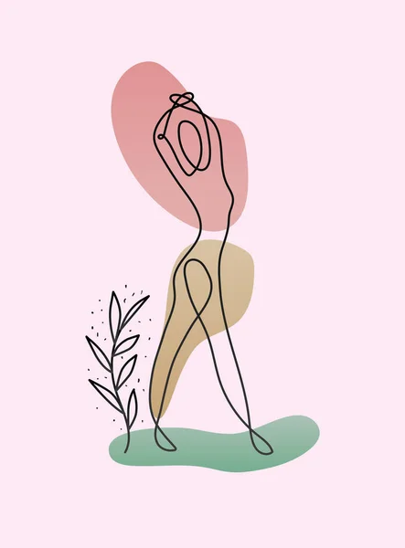 Ligne corps de femme avec une plante et les bras — Image vectorielle
