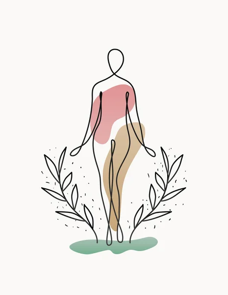 Línea mujer cuerpo con una planta y brazos sobre fondo blanco — Archivo Imágenes Vectoriales