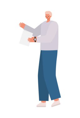 Sarı saçlı, gri ceketli ve tek kağıtlı bir adam.