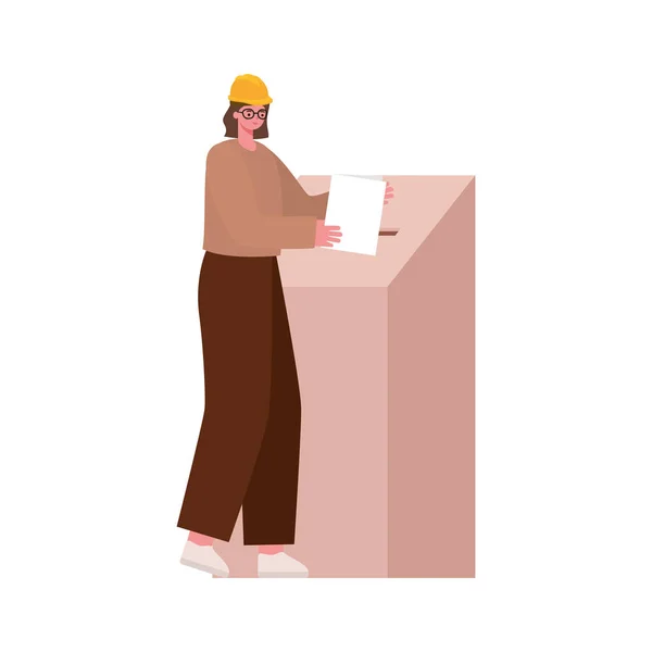 Mulher votando com cabelo castanho e capacete de segurança — Vetor de Stock