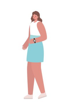 Beyaz arka planda mavi etekli kadın.