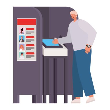 Sarı saçlı ve gri ceketli bir adam oy veriyor.