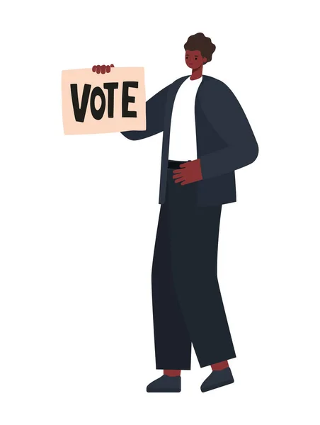 Homem vestido de terno preto e sapatos com um cartaz de voto —  Vetores de Stock