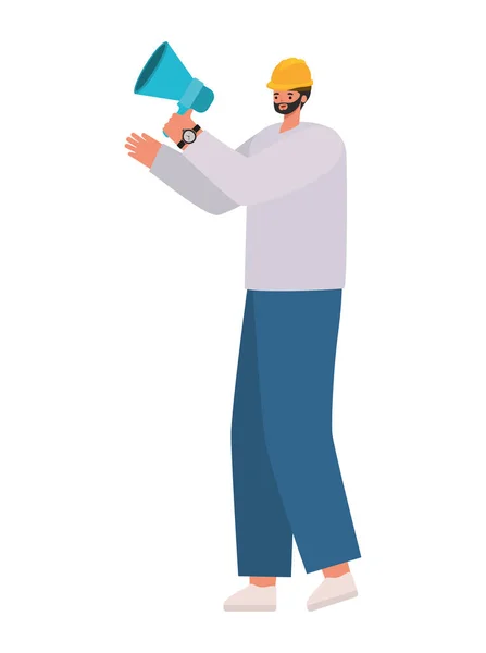 Muž v modrých džínách, šedé košili a bezpečnostní přilbě s megafonem — Stockový vektor