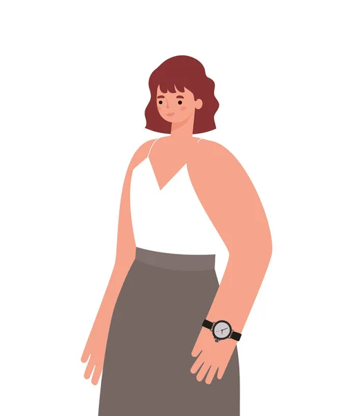 Femme aux cheveux rougeâtres et chemise blanche sur fond de femme — Image vectorielle