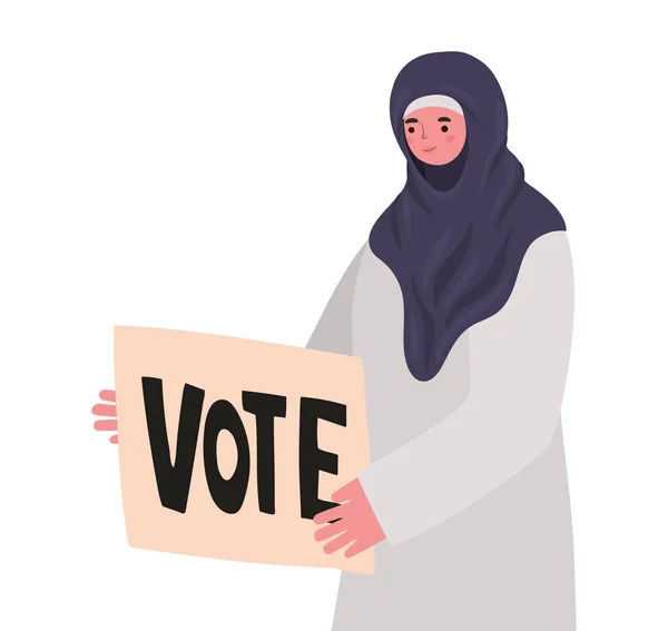 Donna vestita in hijab, abito grigio e manifesto di voto — Vettoriale Stock