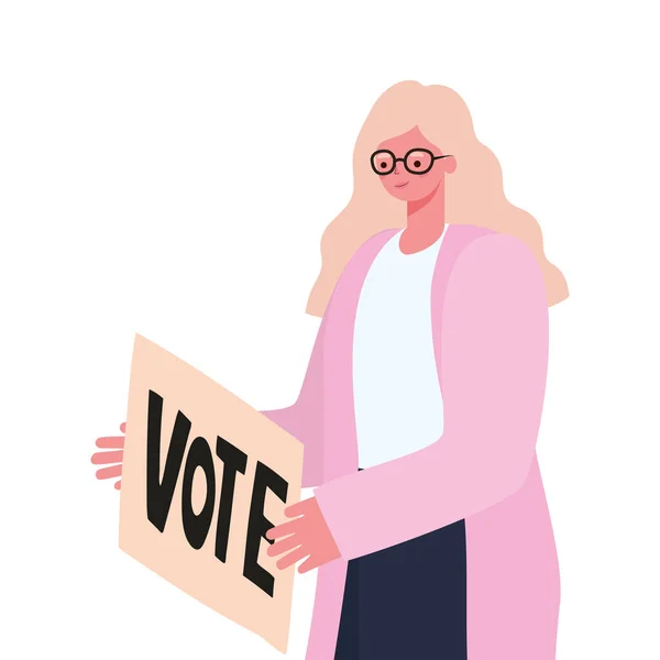 Donna con capelli gialli, cappotto rosa e manifesto di voto — Vettoriale Stock