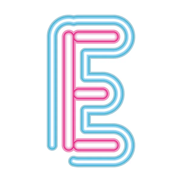 Písmeno E neon písmo růžové a modré na bílém pozadí — Stockový vektor
