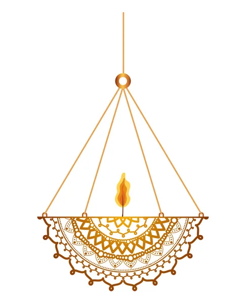 Mandala di colore arancione ligth con una candela su un lampadario — Vettoriale Stock