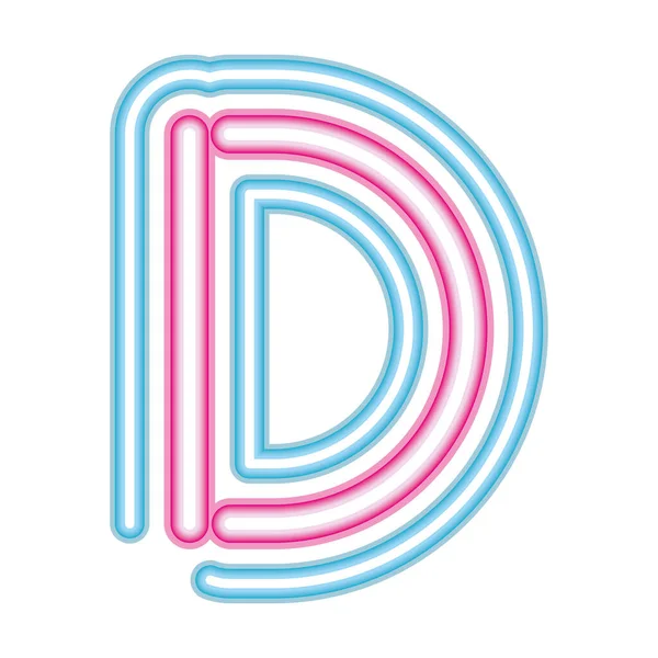 Lettera D carattere al neon rosa e blu su sfondo bianco — Vettoriale Stock
